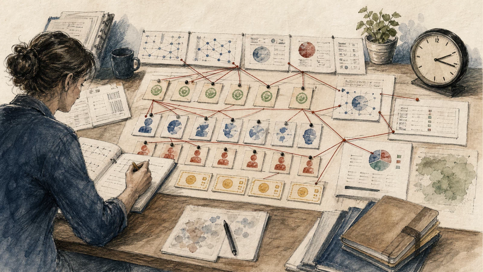 A hand-drawn evidence desk aligns ingress connections, authentication outcomes, session hashes, device inventory, room activity, and user confirmation on one timeline.