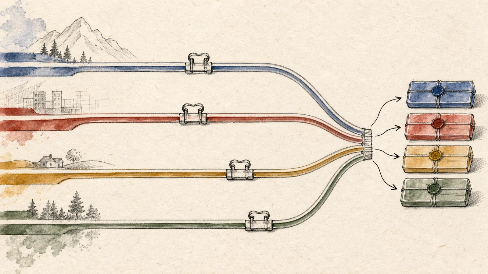 A warm-paper drawing uses four representative maintenance lanes and four locked release packages to summarize the path from branch-specific fixed floors to running image digests and per-replica acceptance.