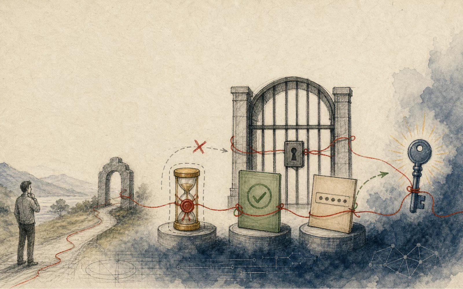 A hand-drawn enterprise chat operations room where the password-check hourglass is still running while a login request has already crossed the gate and collected a session key.