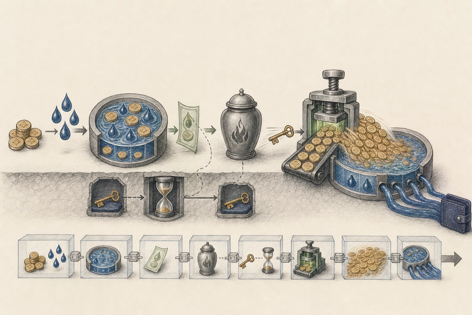A hand-drawn sequence shows initial tokens and liquidity entering a pool, first-position LP receipts being burned, an admin key passing through a timer and returning, and newly minted tokens overwhelming the pool.