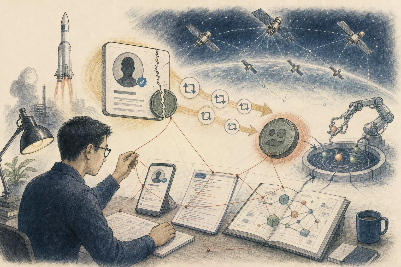 A researcher connects publicly reported, screenshot-preserved anomalous brand-account reposts, a SCATMAN token, an automated market maker, and on-chain transaction records; the rocket and satellites indicate brand context only.