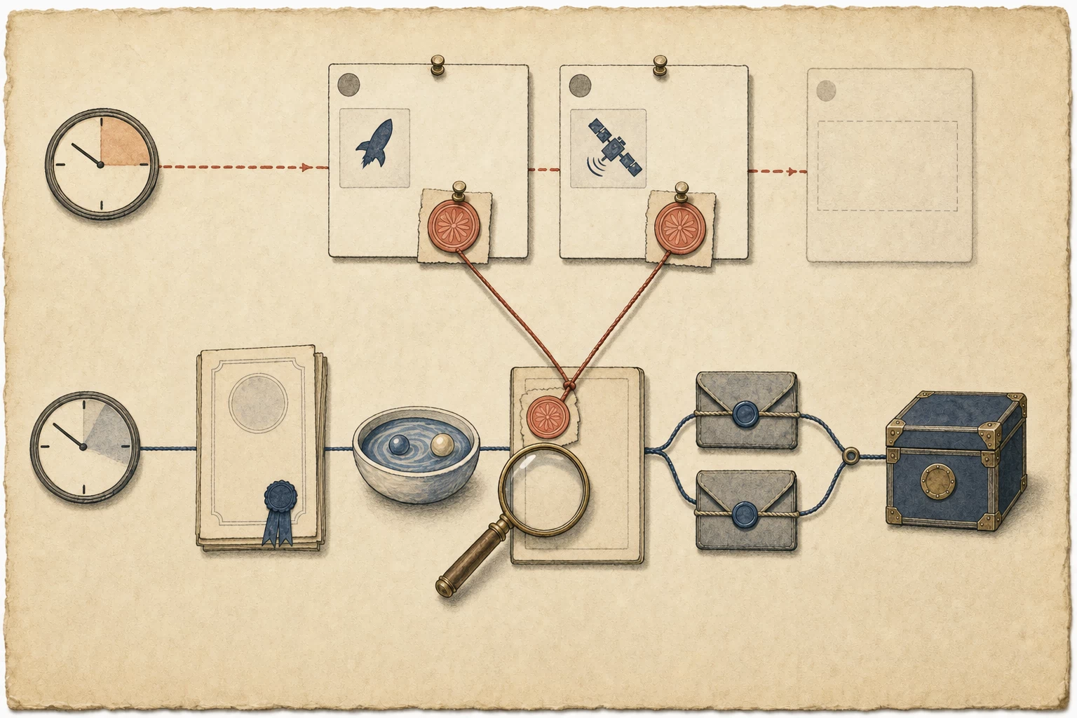 Two generic social-account cards carry the same coral token seal before fading, while a separate earlier blockchain lane links a contract record, liquidity pool, transaction ledger, two wallets, and one collector; evidence threads meet under a magnifying glass without identifying the account operator.