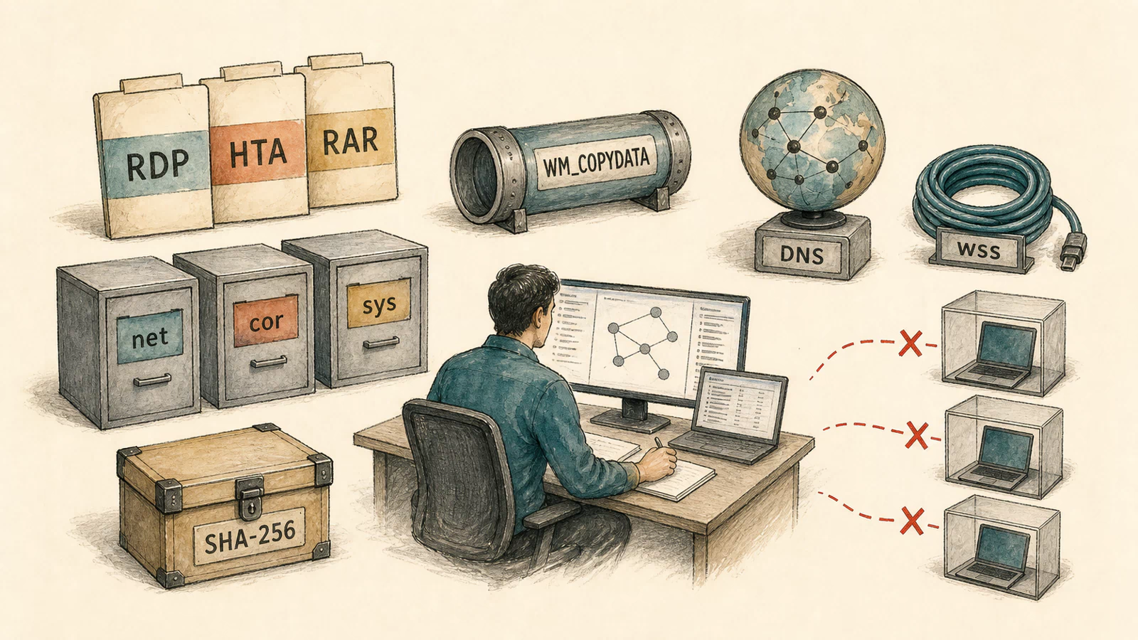 Hand-drawn response desk joining RDP, HTA, and RAR artifacts to net, cor, and sys cabinets, WM_COPYDATA, DNS, wss, SHA-256 evidence, and isolated endpoints.