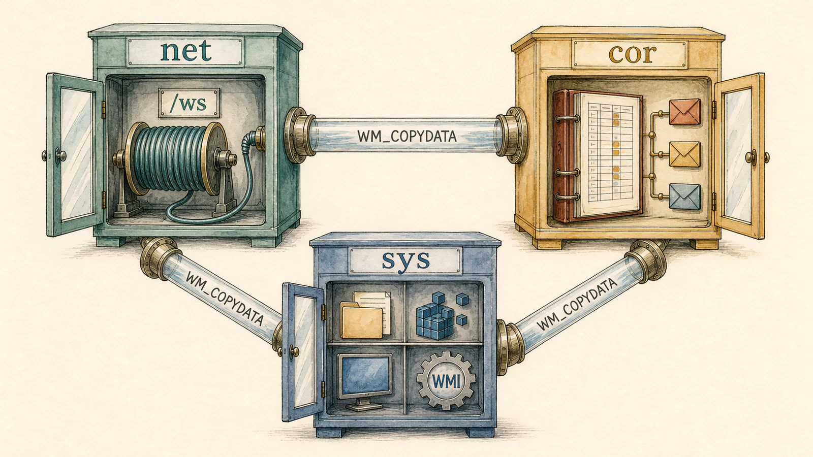 Hand-drawn net, cor, and sys cabinets connected by WM_COPYDATA tubes, with only net owning the WebSocket coil and sys holding host-effect instruments.