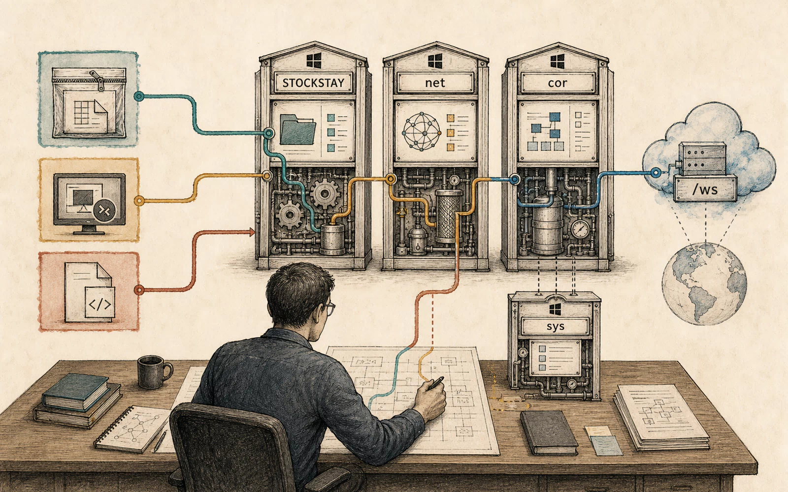 Hand-drawn analyst tracing three deceptive delivery artifacts into the STOCKSTAY system, then across its net, cor, and sys role cabinets toward a small slash-ws cloud relay.