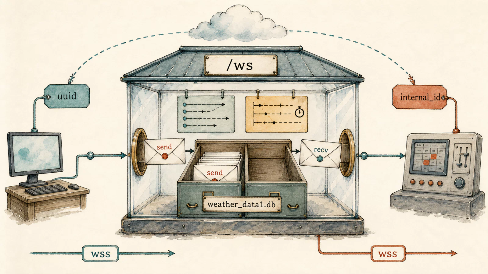 Hand-drawn transparent postal relay where send envelopes enter through slash-ws, rest in weather_data1.db, and leave on recv while message contents remain sealed.