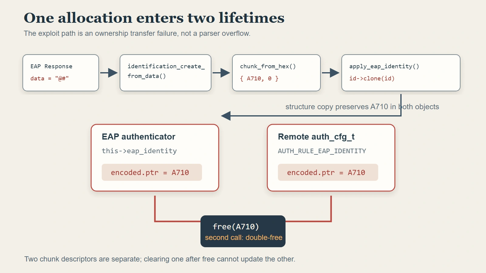 EAP identity ownership chain: at-sign hash passes through identification_create_from_data and chunk_from_hex to form address A710 with length zero; apply_eap_identity clones it, leaving an EAP authenticator and auth_cfg_t identity rule each pointing to A710 before two frees.