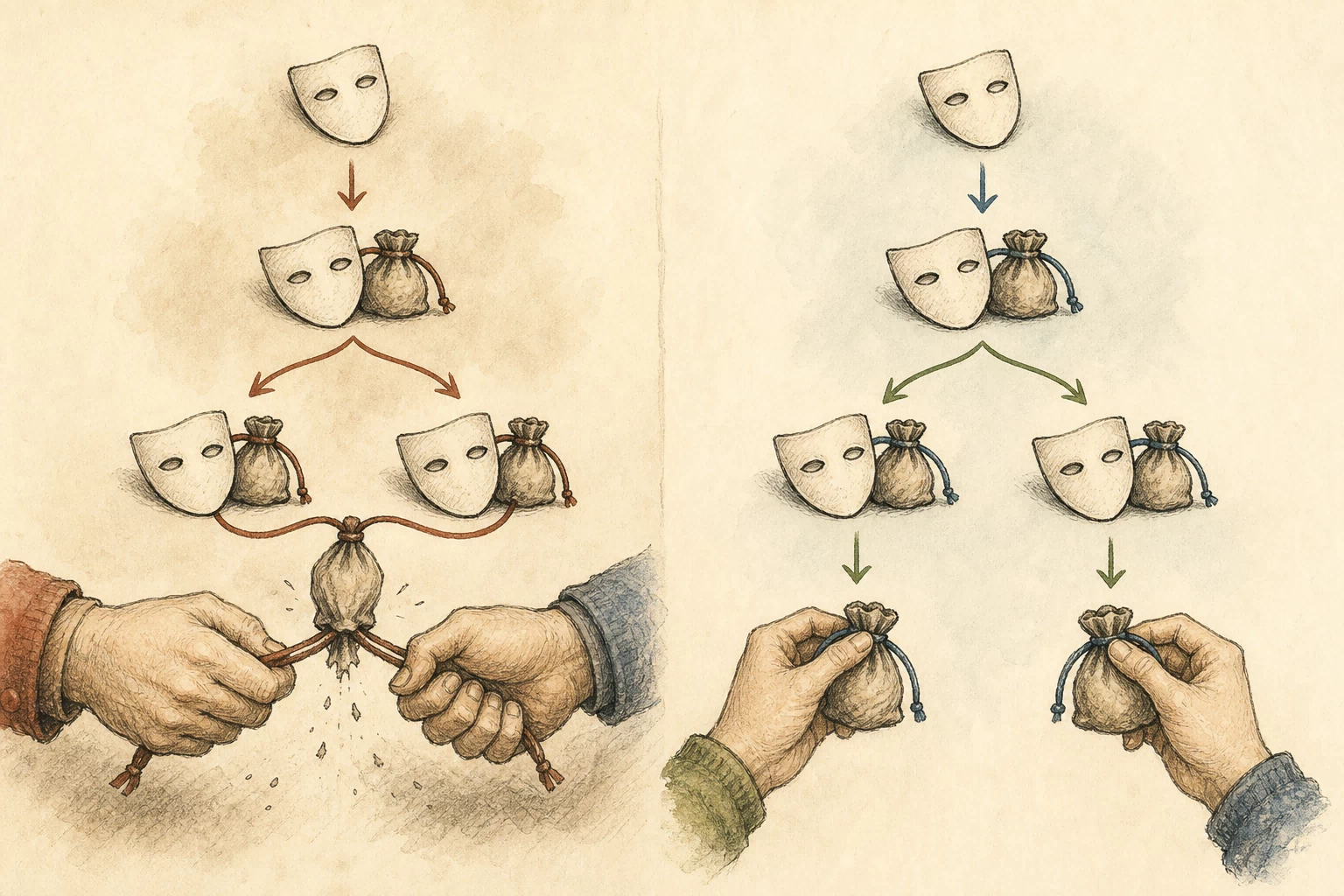 A warm hand-drawn before-and-after ownership map: two cloned EAP identities share one red-tied empty buffer and tear it during teardown on the left, while the repaired clone gives each identity its own blue-tied buffer on the right.