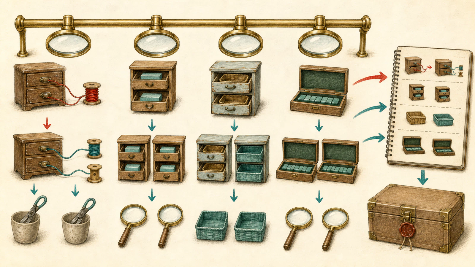 A warm-paper four-station repository audit: the first station repairs two drawers sharing one red cord into two independent teal cords and separate cutting cups; the second copies inline blocks with their cabinets; the third replaces a shallow-copied container with a fresh empty basket; the fourth copies a flexible tile row into a second fitted case; evidence from all four enters a blank notebook and sealed archive.