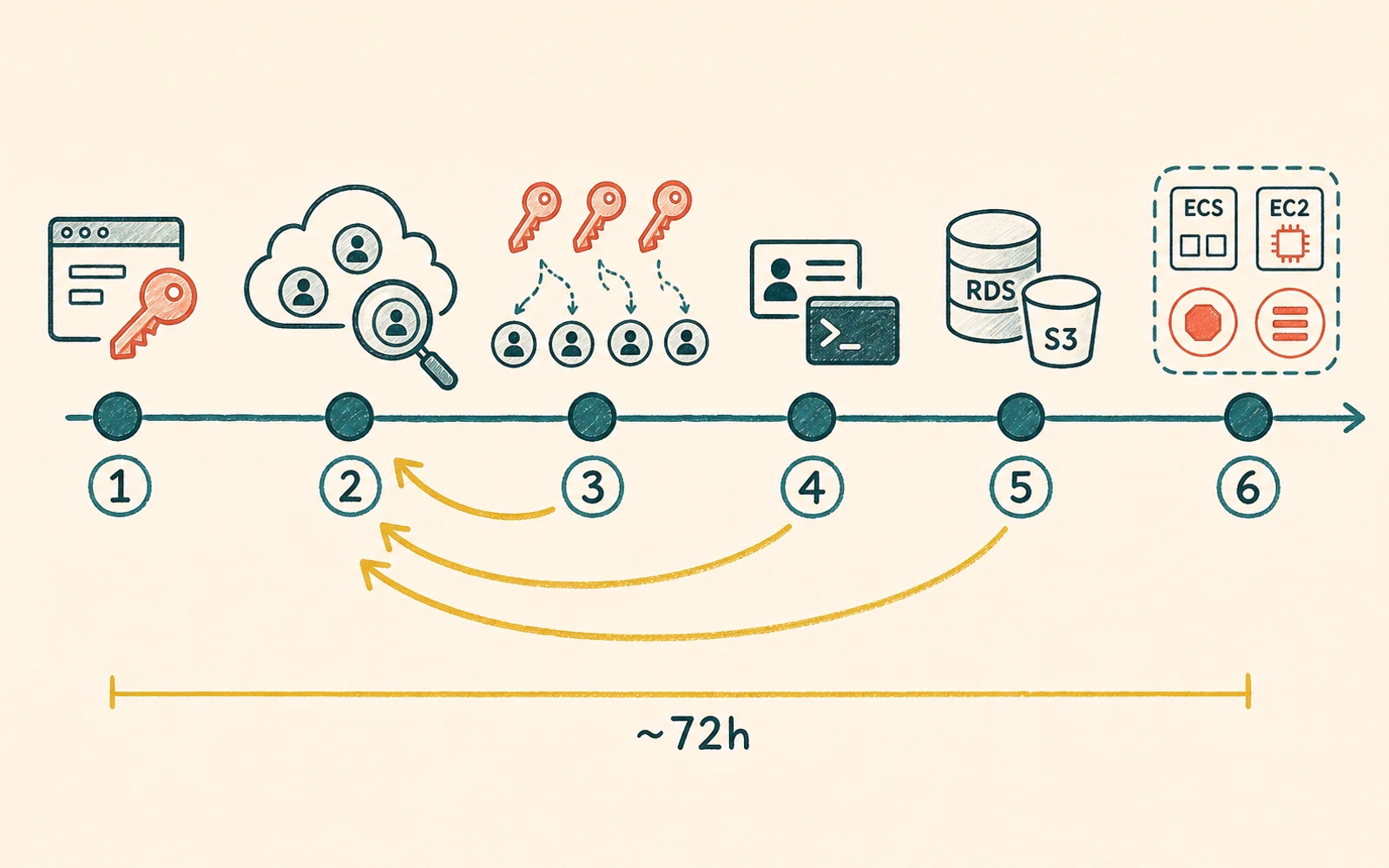 Timeline of overlapping discovery, secret harvesting, persistence, data access, and impact waves started by new AWS access keys as the environment reached broad compromise in approximately 72 hours.