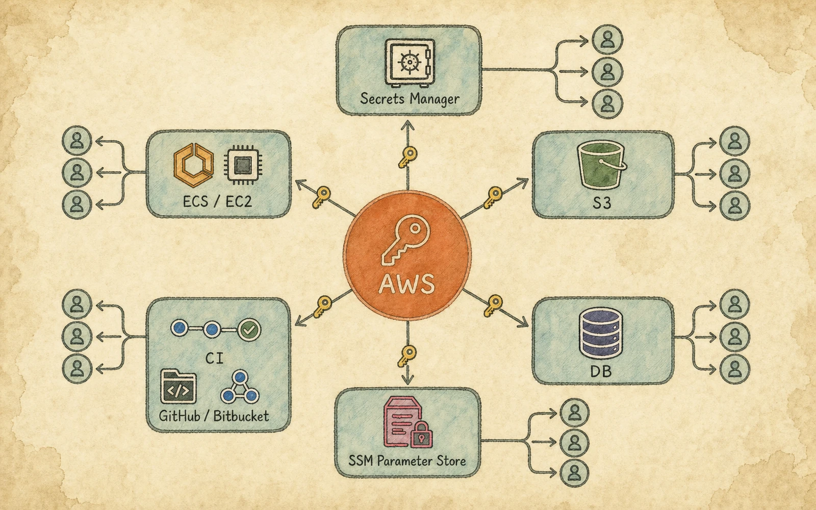 A warm hand-drawn investigation map of one exposed AWS key branching into ECS/EC2, Secrets Manager, S3, databases, CI repositories, and SSM Parameter Store, with each branch reaching more identities.