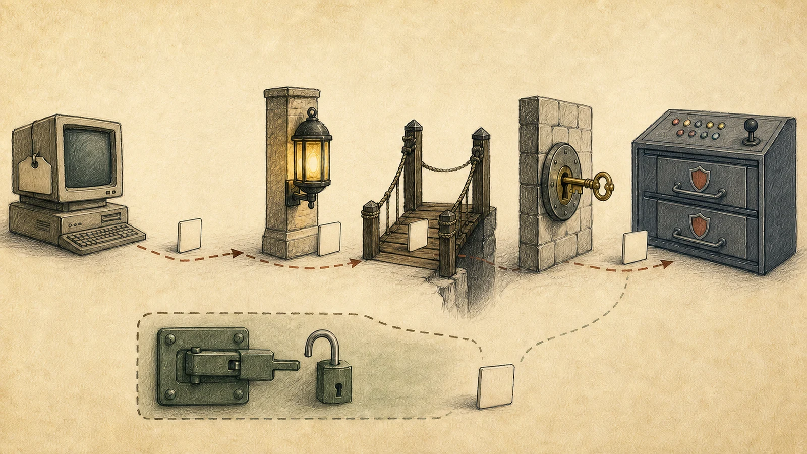 A hand-drawn sequence showing an affected desktop, a lit remote-management control, a policy bridge, and an authenticated key before a two-drawer routing console; a separate application-capability latch below the path remains unasked by a blank card.