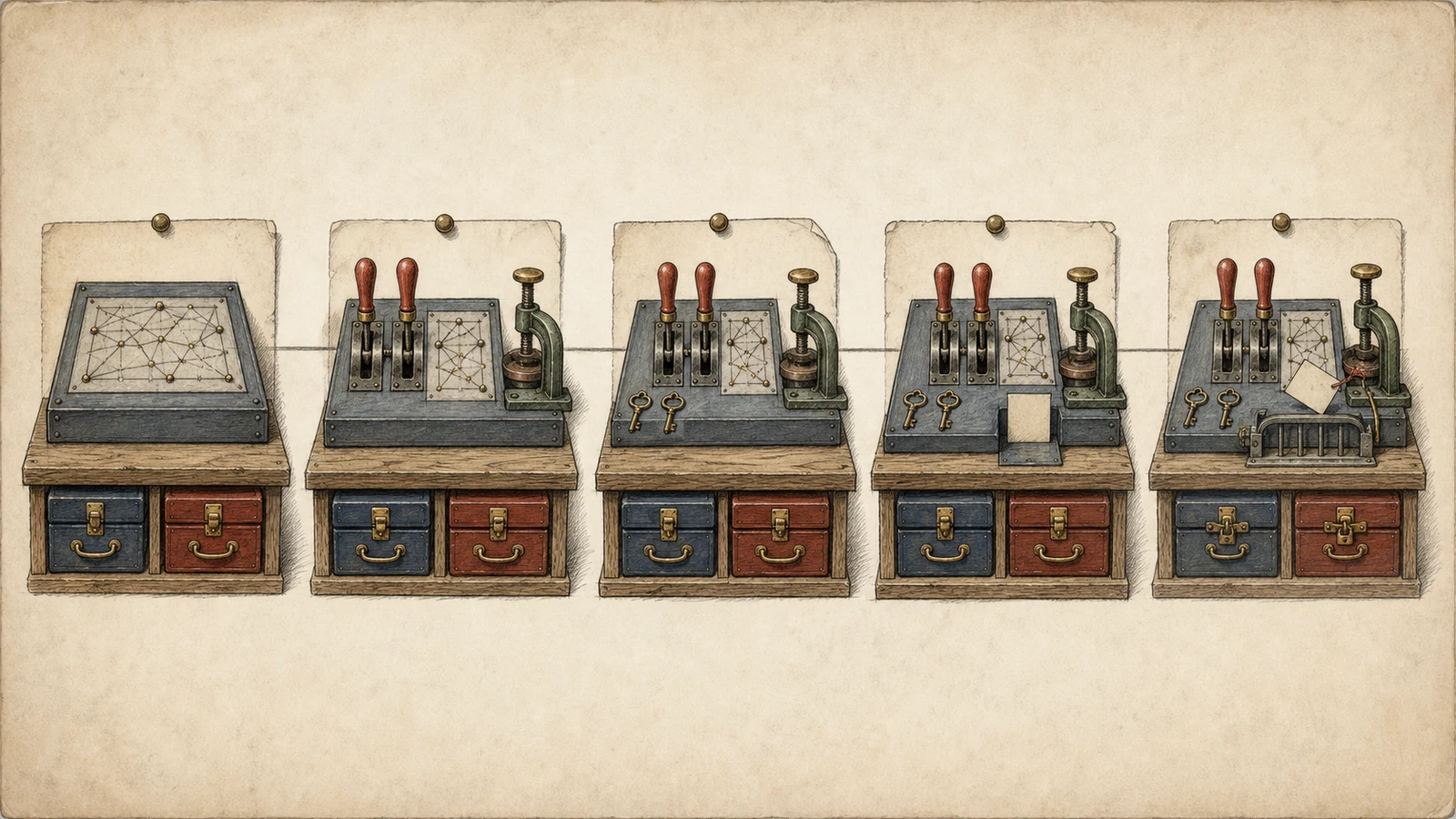 Five hand-drawn workbench scenes show a full two-drawer replacement console, selector levers, permission keys, a blank card entering an overlooked slot, and a repaired guard that stops blank cards before the write press.