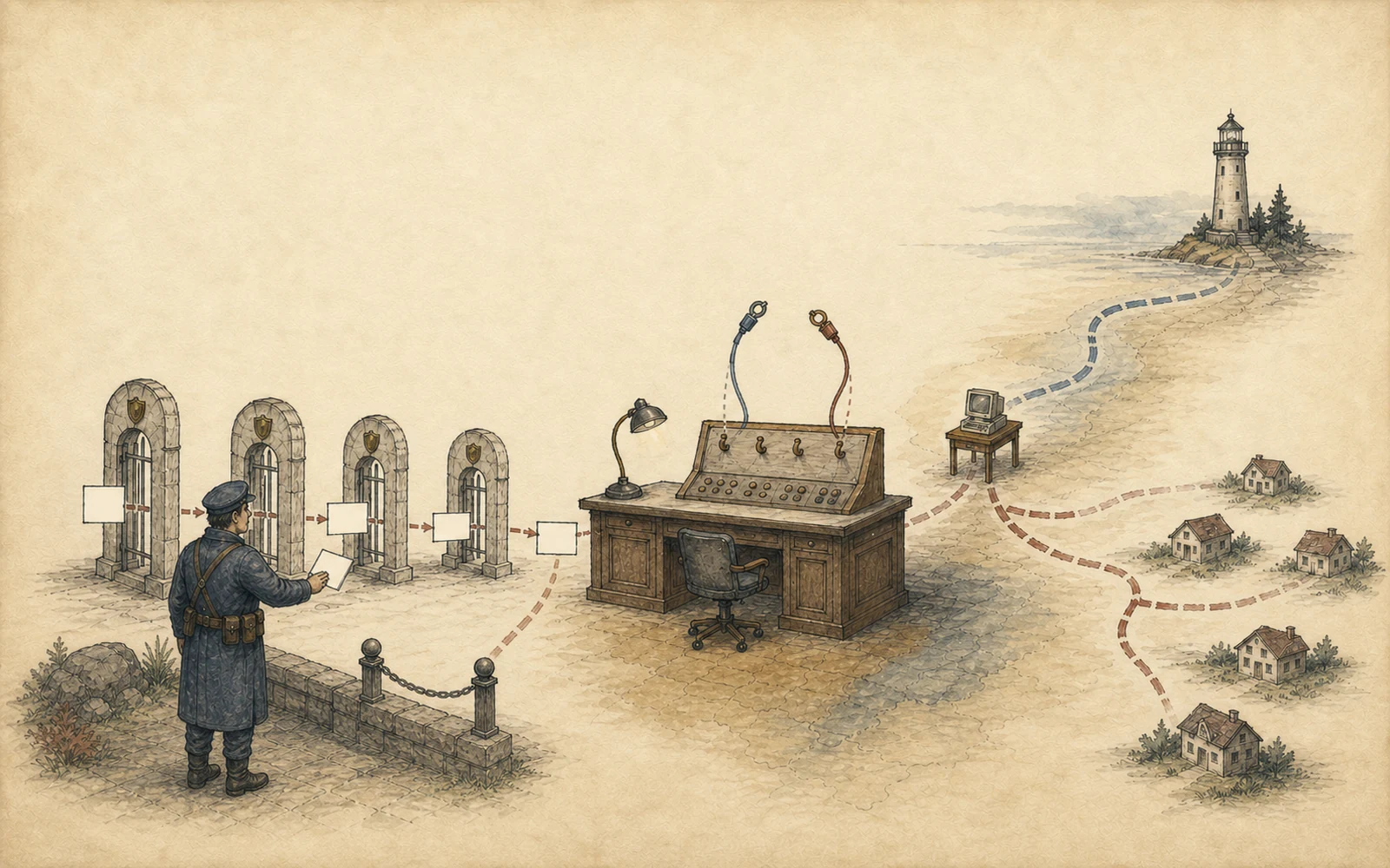 A hand-drawn investigation scene in which a blank request card passes four checkpoints toward a routing desk, where an exit path and advertised subnet paths fade; a repaired guard stops a second blank card before it reaches the desk.