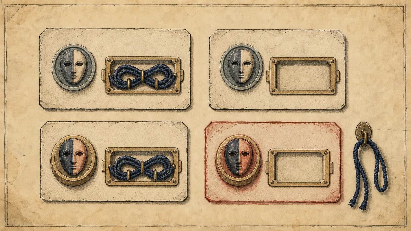 Four hand-drawn evidence cards combine an active or inactive presence seal with a route tray that is full or empty; the active seal paired with an empty tray is highlighted as the combination that removes old state.