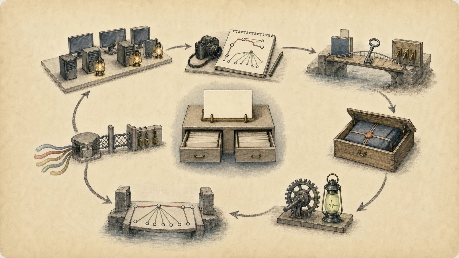 A hand-drawn seven-stage recovery loop shows fleet inventory, route-state recording, access-path review, a clean software package, verification of the running daemon, restoration of gateway and subnet routes, and closure of unnecessary management access around an unchanged two-drawer regression test.