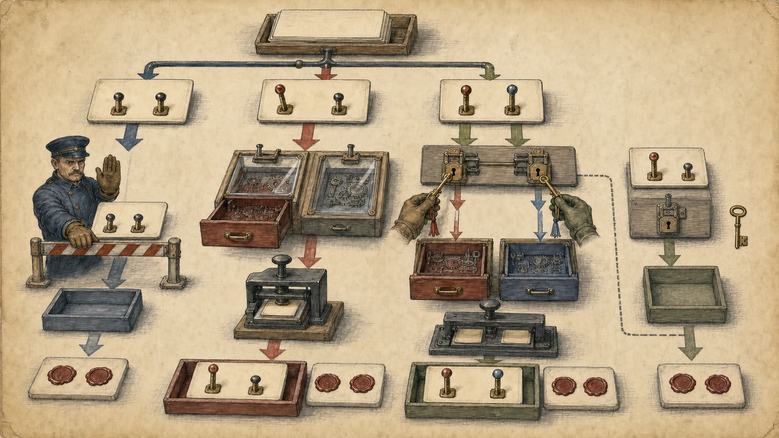A hand-drawn repaired workshop shows a blank two-selector card stopped by a guard, one-selector cards changing one drawer while preserving the other, a two-selector card requiring two keys, and a missing-key branch rejected before the write press.