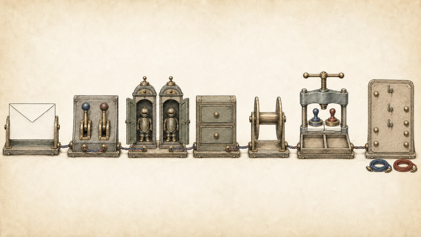 Seven hand-drawn mechanical stations show a blank envelope, two lowered selectors, silent permission sentries, closed preservation drawers, an empty route spool, two raised write seals above empty trays, and two existing route cords removed from their hooks.