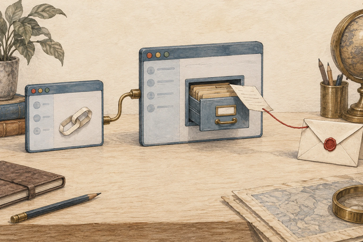 Warm-paper illustration: a brass connector joins two desktop windows, while a red thread draws a sheet from the larger window toward an envelope.