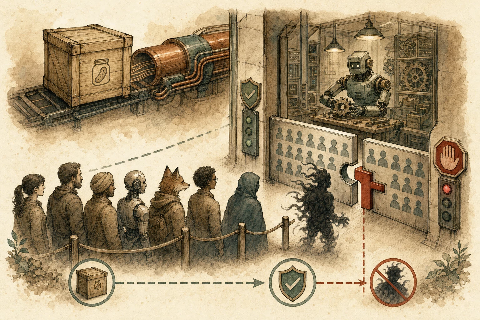A warm hand-drawn checkpoint where a sealed pickle crate reaches a TensorRT-LLM worker, allowed globals queue at the workshop, and a shadowed callable is stopped by the repaired deny gate.