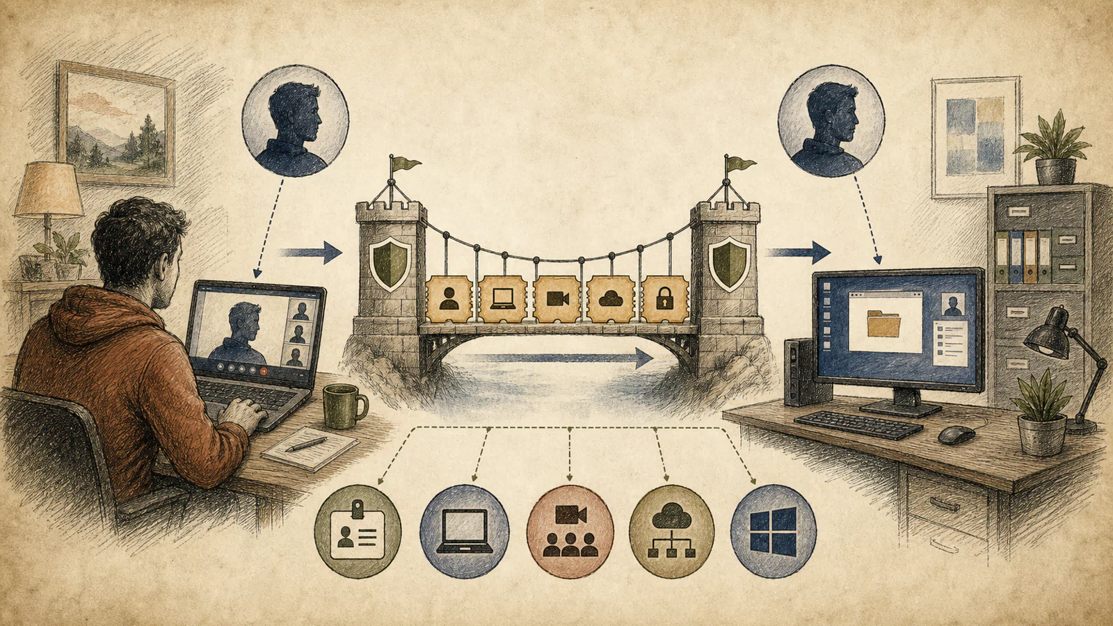 A shared meeting on a personal laptop crosses a session bridge into a corporate virtual desktop, with identity, device, meeting, and VDI records aligned below.