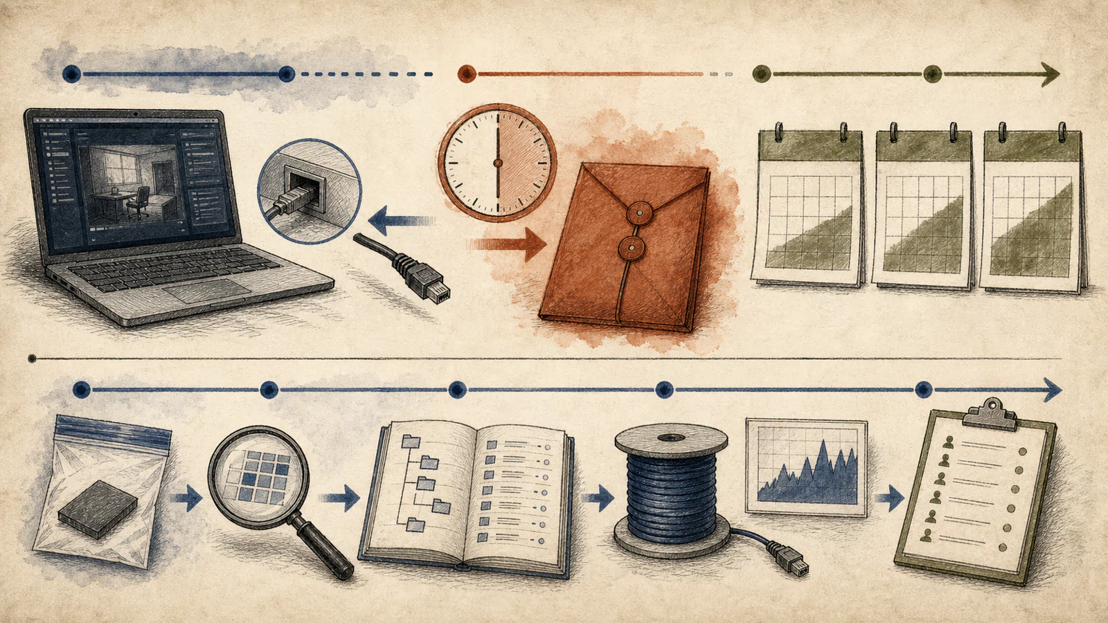 After a remote session ends, a thirty-minute clock points to an extortion envelope while a separate evidence desk checks files, bytes, and recipients.