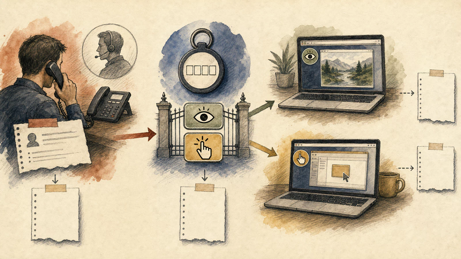 A hand-drawn phone, help-desk ticket, support code, screen-control permission, and remote-management session are connected, with an audit ticket beside each approval.