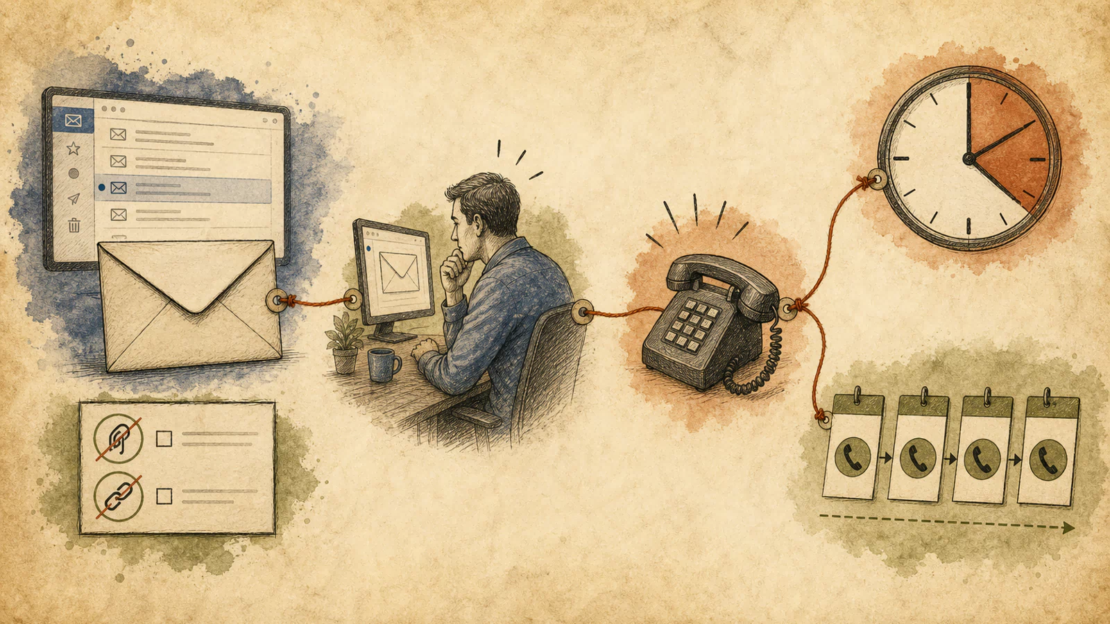 A hand-drawn invoice email enters an inbox before a telephone rings, beside one working-day clock and a separate row of repeated-call day cards.