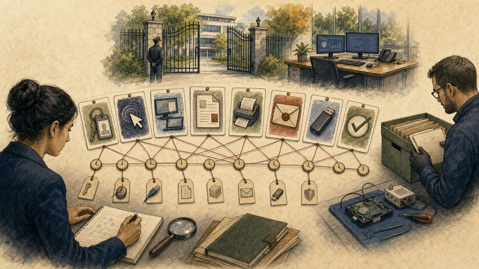 On a hand-drawn case desk, eight evidence cards for identity, remote control, VDI, documents, transfer, email, USB, and recovery connect by time and object identifiers.