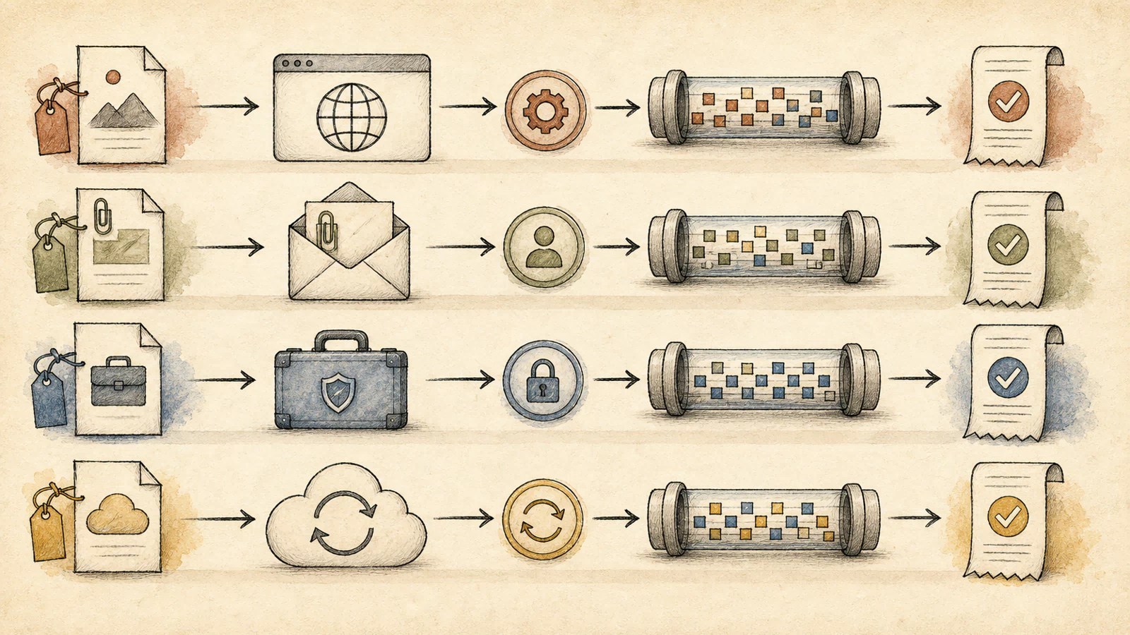 Four hand-drawn transfer routes—browser, email, WinSCP, and Rclone—connect file objects, processes, network bytes, and destination receipts.