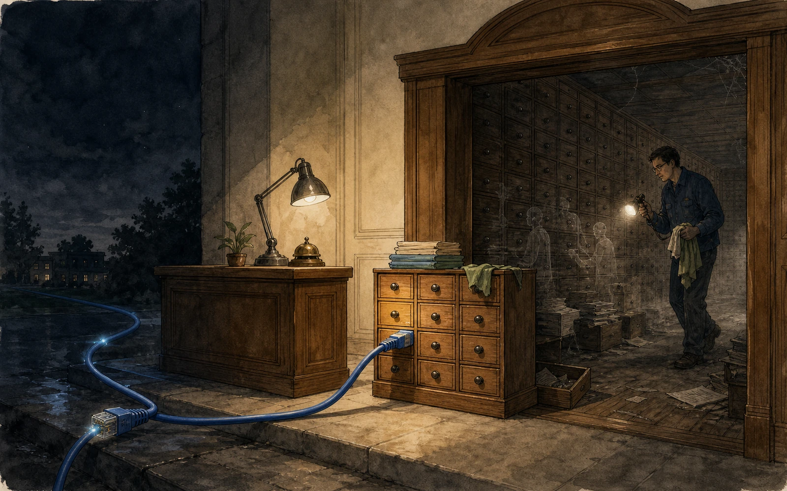 Hand-drawn technical cover: a blue RDP cable enters a nighttime reception desk where a small front cabinet is neatly prepared, while a vast dark room behind it still carries dust and ghostly traces from prior occupants as an engineer inspects it by lamp.