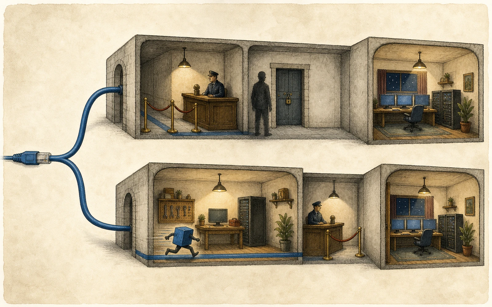 Hand-drawn cutaway showing one blue RDP cable splitting into two routes: one meets an identity desk first, while the other enters connection setup when NLA is disabled.