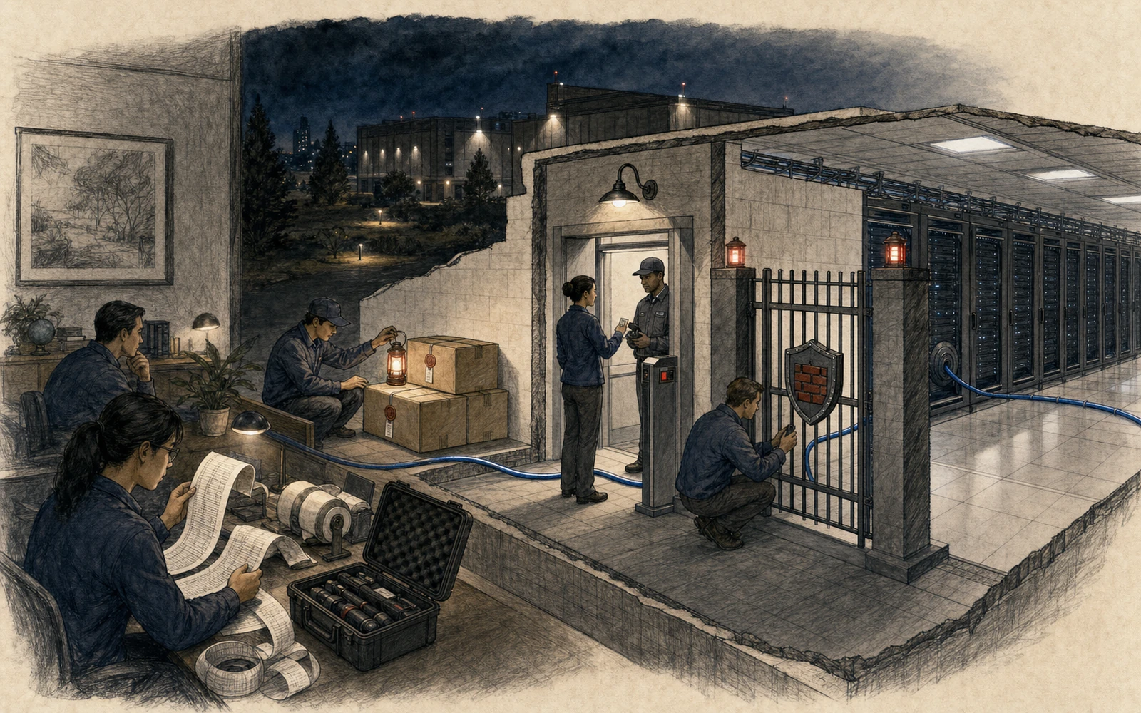 Hand-drawn night operations scene: a team verifies update packages and reboot lights, an identity checkpoint, a firewall-marked gate, event-log rolls, and a recovery case.