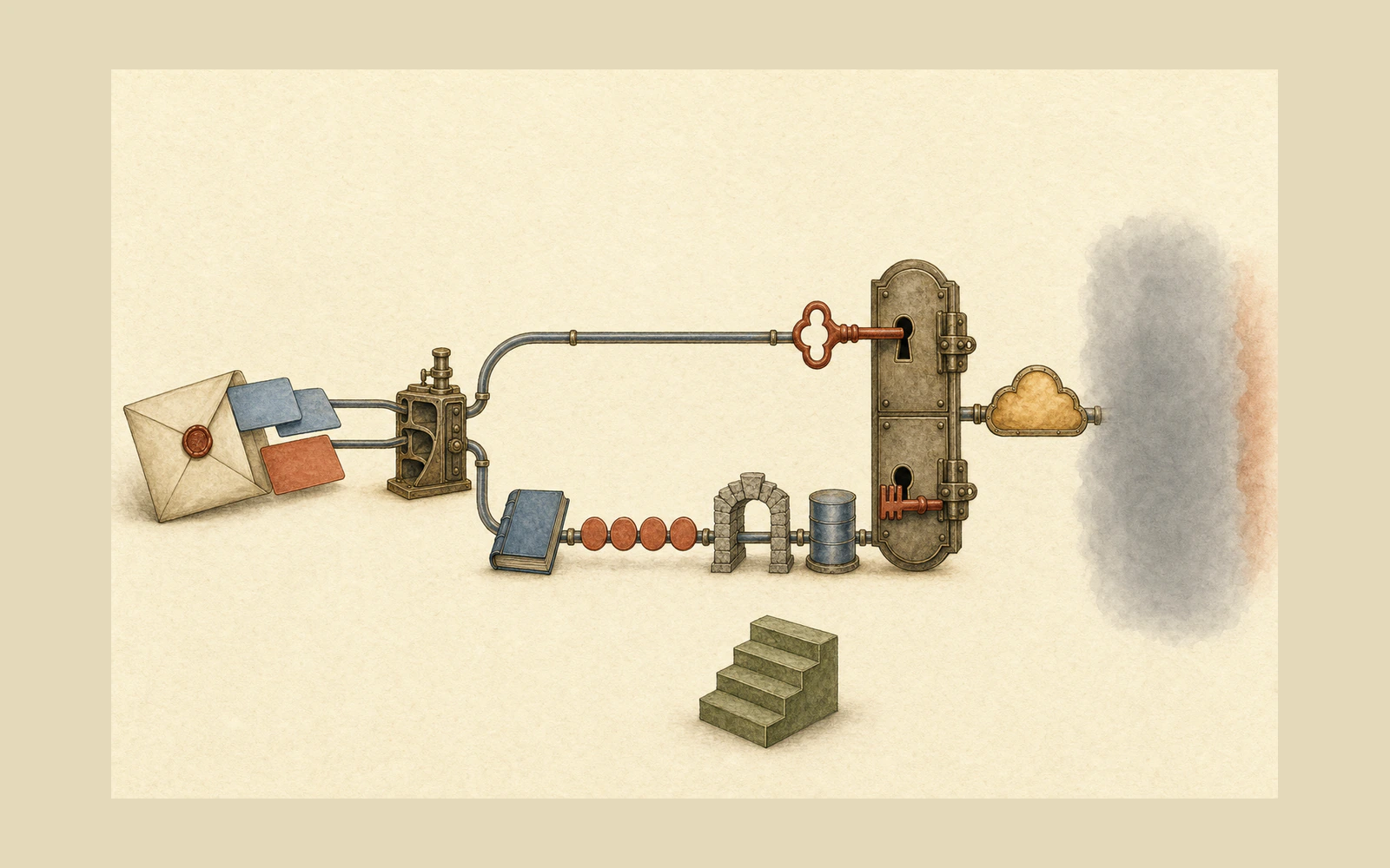 On beige paper, a sealed envelope splits into two mechanical lines: an upper line passes a key and a locked door with a cloud-shaped side tube, while a lower line passes a blue booklet, integer beads, a stone arch, and a cylinder before both lines end in gray fog.