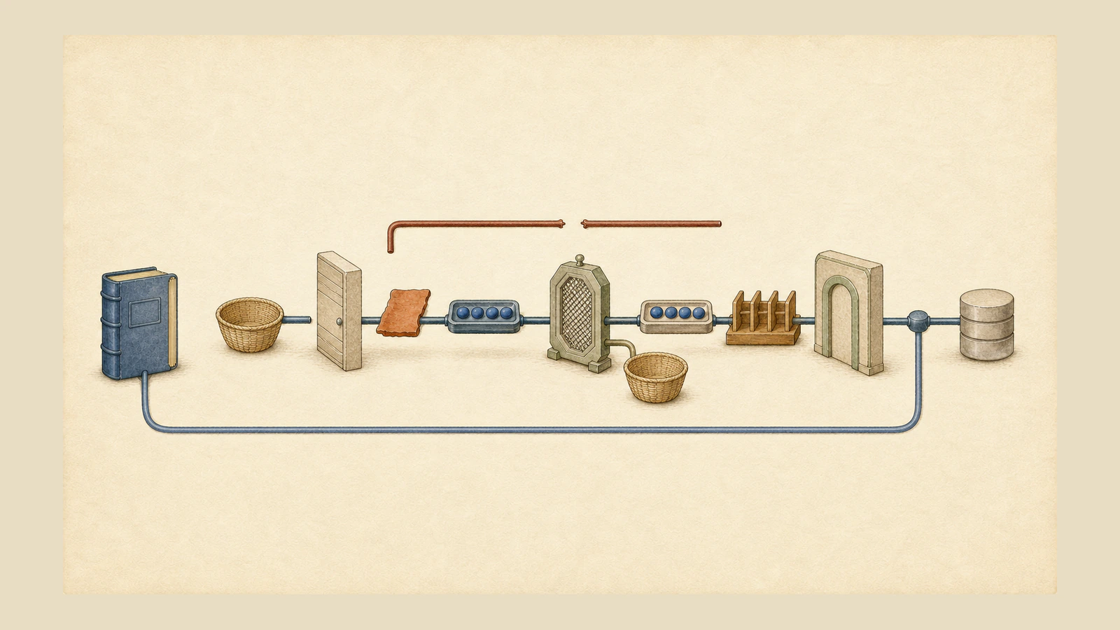 On beige paper, an empty outer basket stops before a closed gate; beyond it, one scalar bar and a four-token tray enter the same sieve, a parsed-empty basket stops on a side path, and the four tokens pass a sorting rack and green SQL gate in sequence; after the gate, a separate junction sends a blue line back to a ledger while the main line continues to a cylinder, and an empty rust-colored bypass above is visibly broken.
