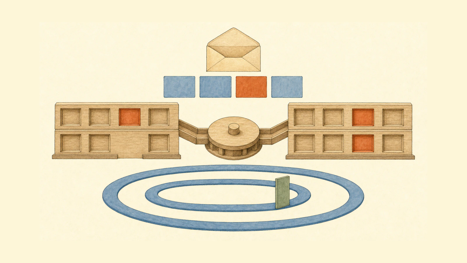 On beige paper, an envelope releases four blank request cards through a central dispatcher into two wooden racks. The left rack has four upper slots with an orange error card in the third and a missing corresponding position below; the right rack has four slots in both rows with its orange positions vertically aligned. Below, a blue inner loop remains inside a blue outer loop and is constrained by a green reentry gate.
