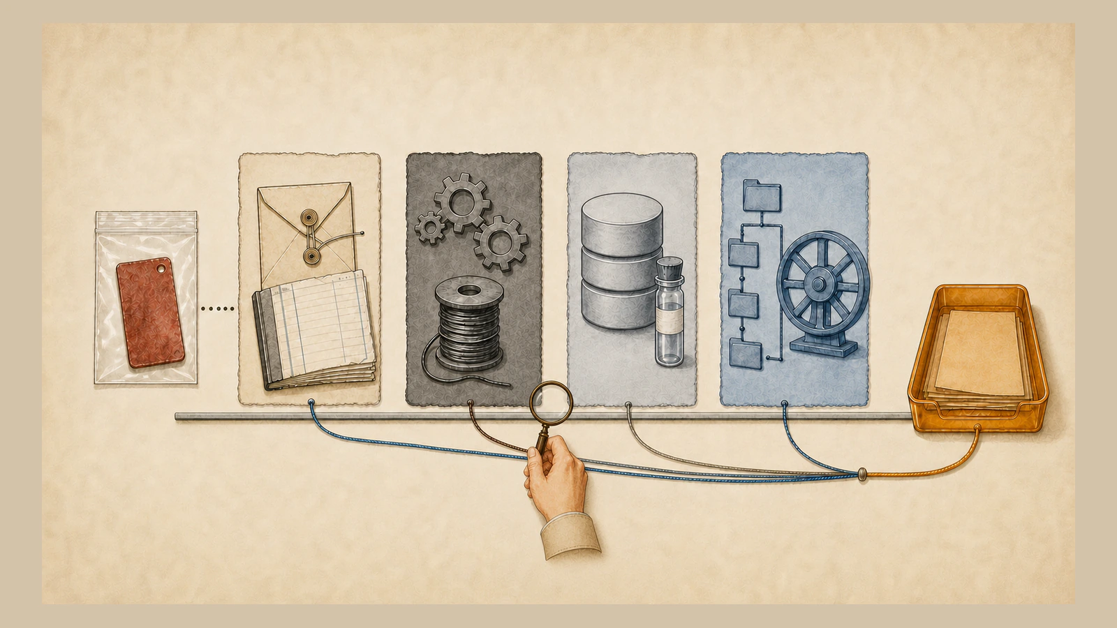 On beige paper, an evidence bag, a sealed envelope and ledger, gears and a spool, database cylinders and a glass vial, and a node diagram with a wheel stand in a row; colored cables converge on an orange document tray while a hand inspects a junction with a magnifying glass.